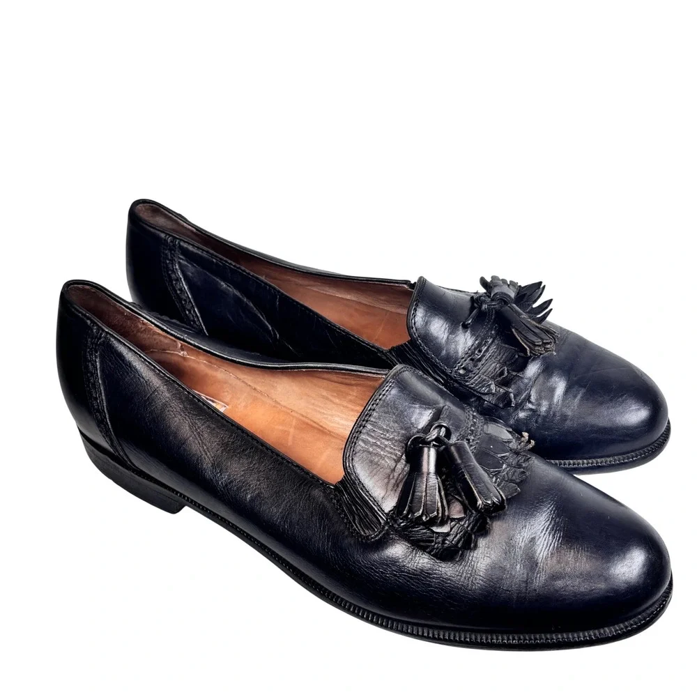 VTG Made ITALY Tassel Kiltie Loafers 10 Black Leather Preppy Academia Cable & Co